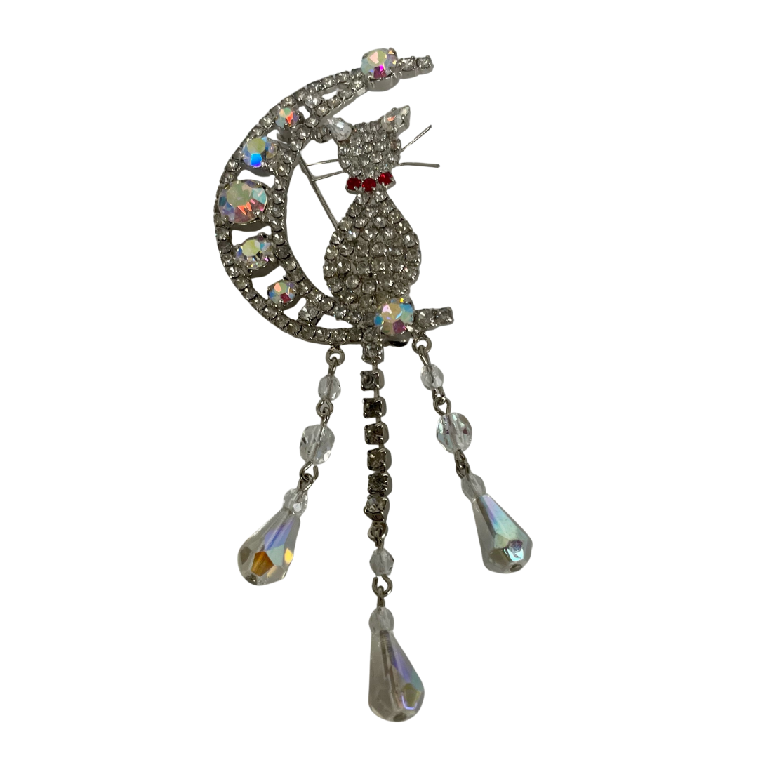 A Vintage Butler & Wilson Cat on Crescent Moon with Dangles Large Brooch