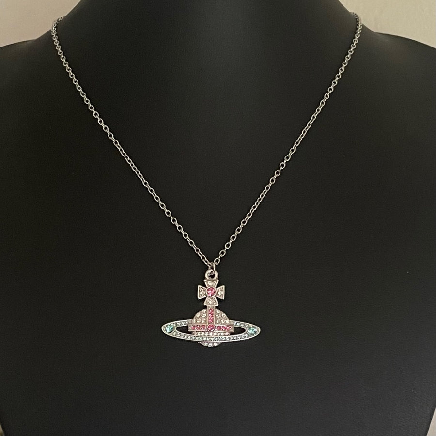 Vivienne Westwood Silver Tone Orb Pendant Necklace, Pink and Aqua Crystals