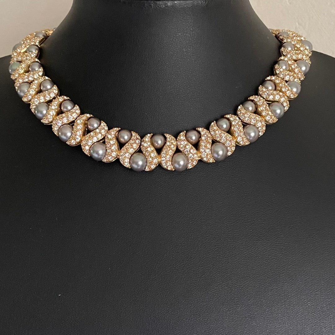 Vintage Gold-Plated Necklace, Pearls and Crystals, 1990s