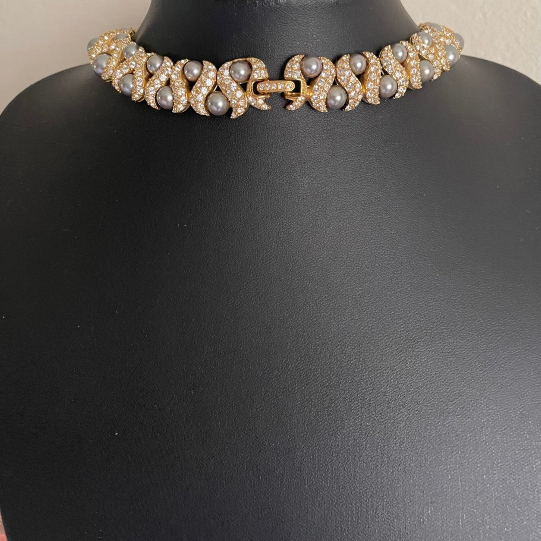 Vintage Gold-Plated Necklace, Pearls and Crystals, 1990s
