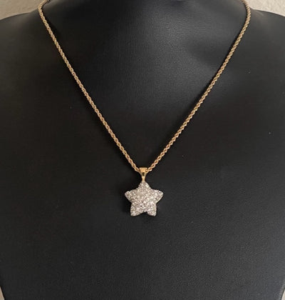 Vintage Alpha Jewels 22ct gold plated puffed star necklace with detachable reversible pendant, pavé crystal front and polished gold reverse.