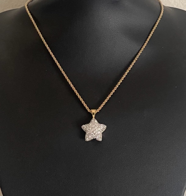 Vintage Alpha Jewels 22ct gold plated puffed star necklace with detachable reversible pendant, pavé crystal front and polished gold reverse.