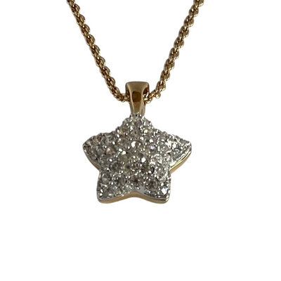 Vintage Alpha Jewels 22ct gold plated puffed star necklace with detachable reversible pendant, pavé crystal front and polished gold reverse on a white background