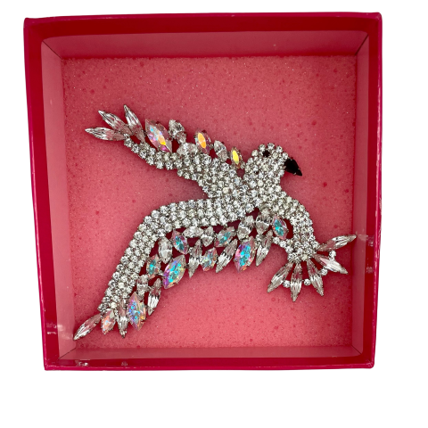 Gyn&Joy Flying Bird Crystal Rhinestone Brooch - Blue & Aurora Borealis Crystal Dove Pin For Clothing & Hats