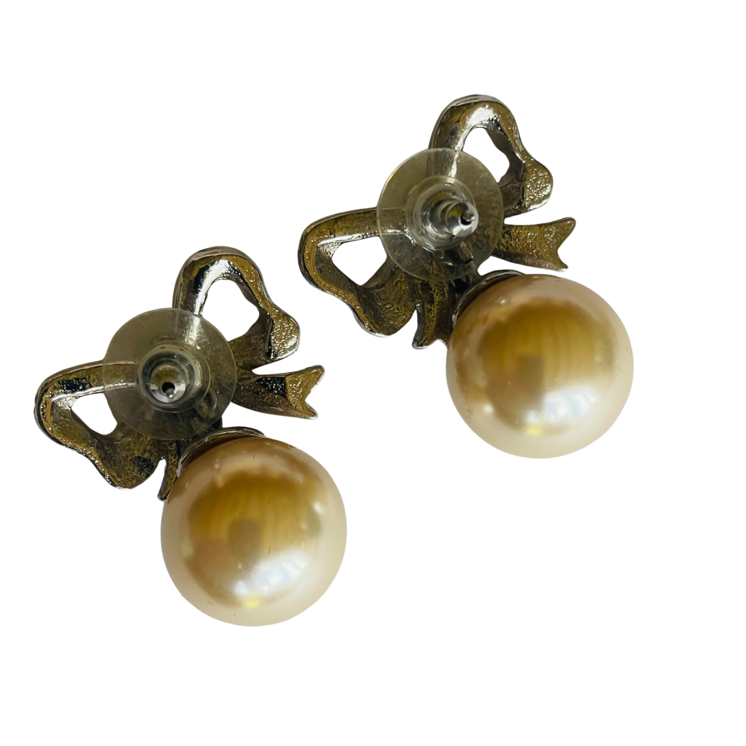 Vintage Bow Earrings With Drop Pearl
