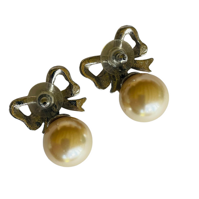 Vintage Bow Earrings With Drop Pearl