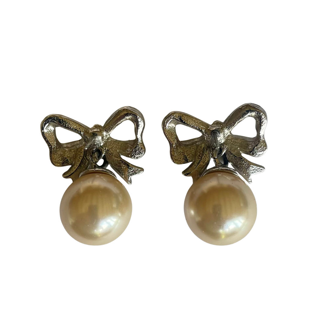 Vintage Bow Earrings With Drop Pearl