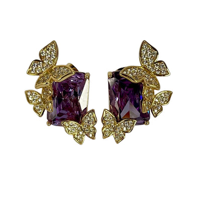 Butler & Wilson statement earrings with emerald-cut purple crystals and pavé butterfly design in gold-tone setting, boxed, unworn.