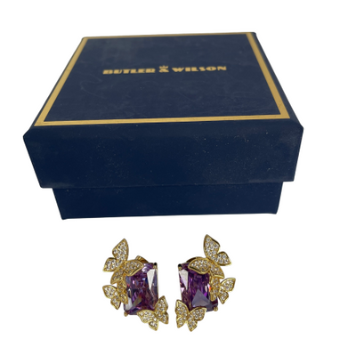 Butler & Wilson statement earrings with emerald-cut purple crystals and pavé butterfly design in gold-tone setting, boxed, unworn.