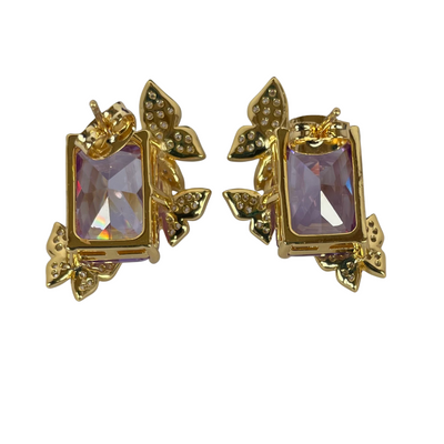Butler & Wilson statement earrings with emerald-cut purple crystals and pavé butterfly design in gold-tone setting, boxed, unworn.