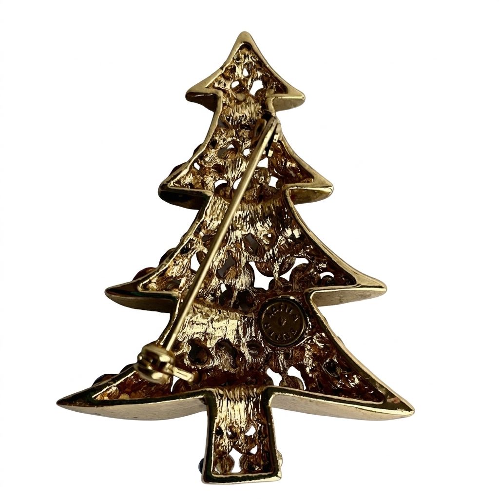 reverse of gold tone Butler & Wilson Christmas Tree brooch showing Butler & Wilson backstamp in circular cartouche and fully functional pin mechanism.