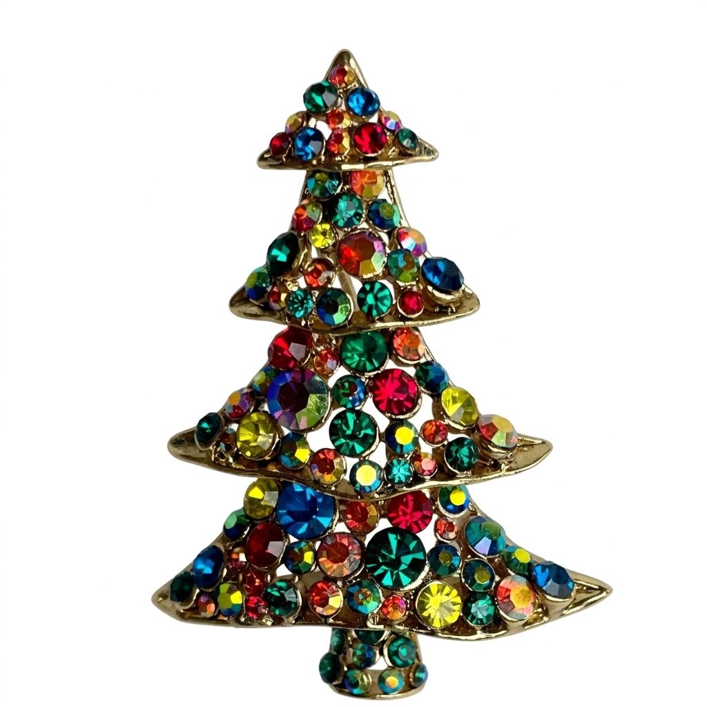 Vintage Butler & Wilson gold-tone Christmas tree brooch with multi-coloured crystals shown on a crisp white background.