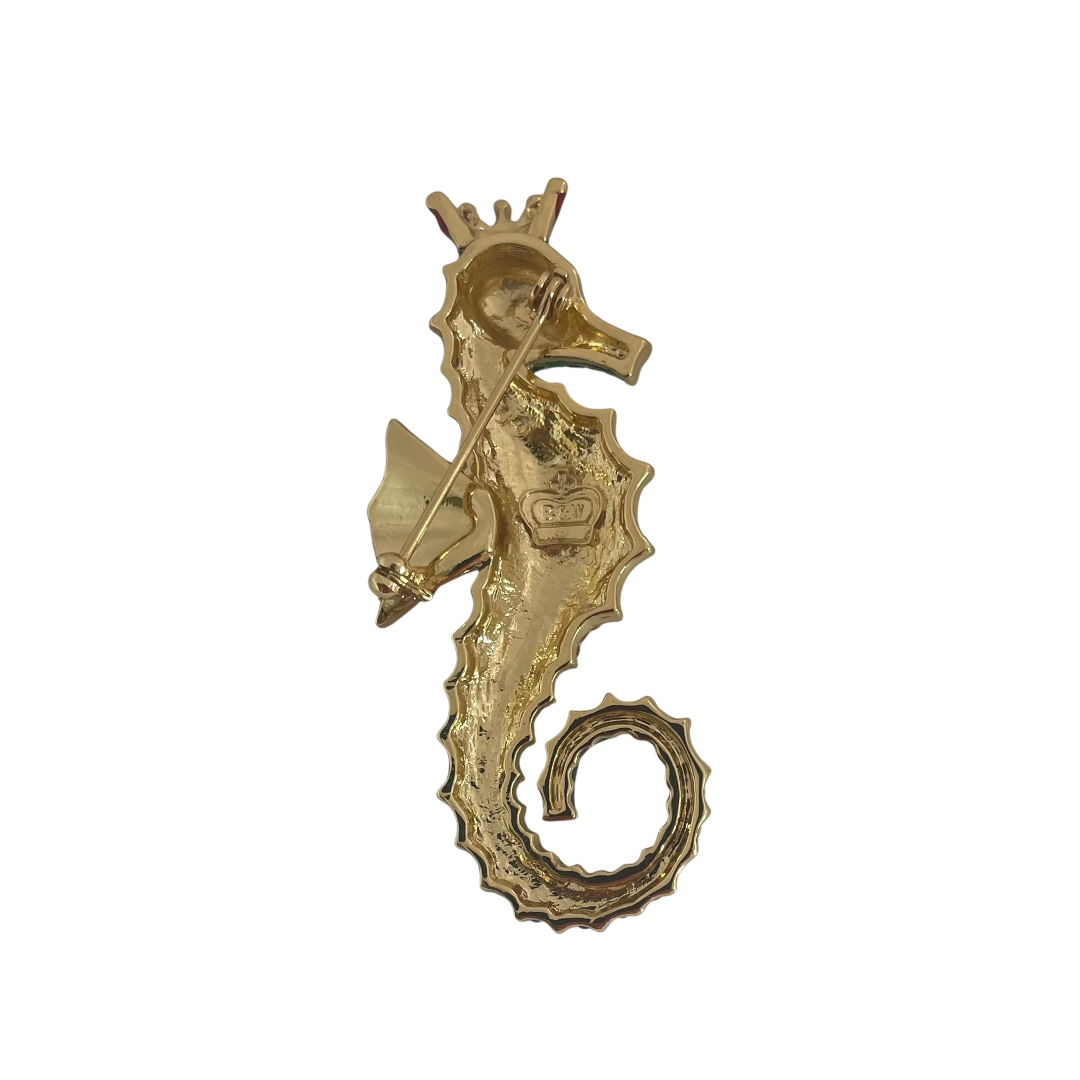 Gold seahorse with crown brooch set with crystals