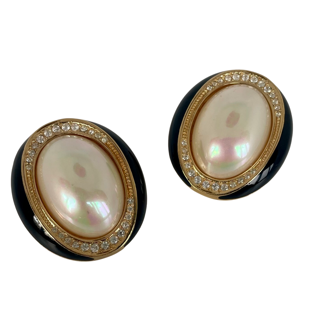 A pair of Vintage Christian Dior Pearl, Crystal and Enamel Statement Clip Earrings