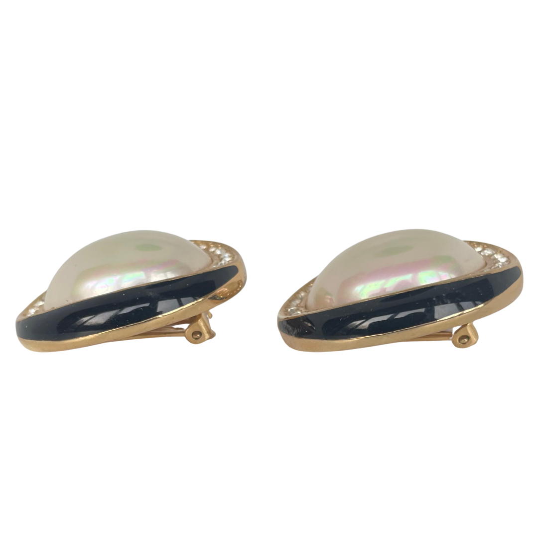 A pair of Vintage Christian Dior Pearl, Crystal and Enamel Statement Clip Earrings