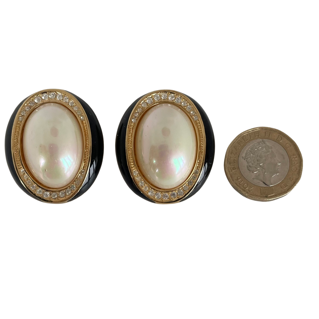A pair of Vintage Christian Dior Pearl, Crystal and Enamel Statement Clip Earrings