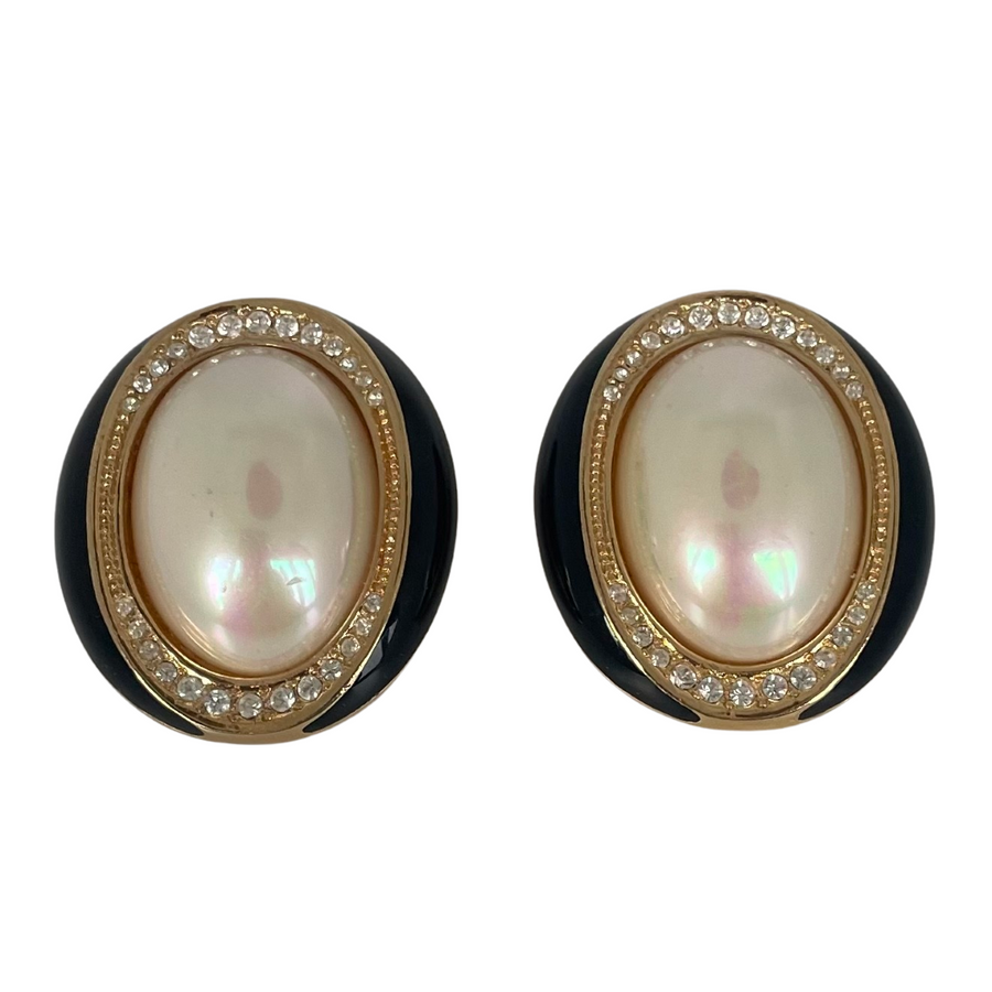 A pair of Vintage Christian Dior Pearl, Crystal and Enamel Statement Clip Earrings