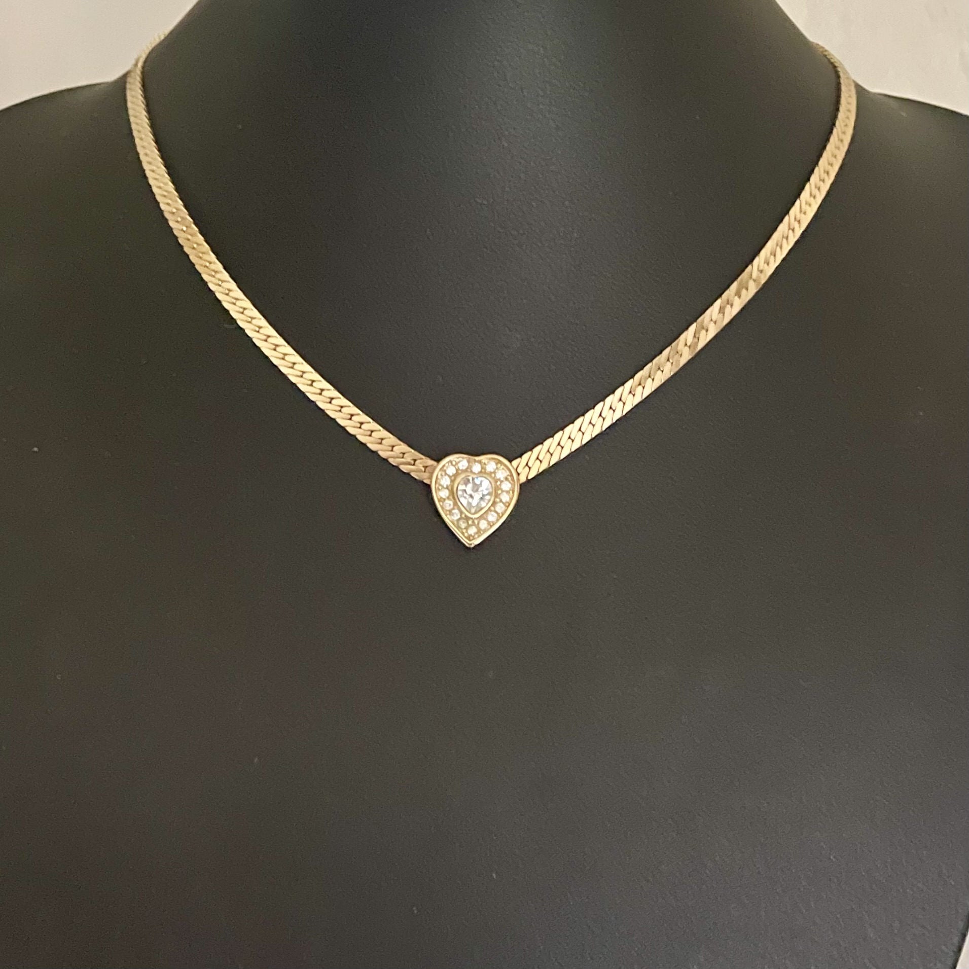 Vintage Christian Dior Heart Necklace and Clip Earrings - Gold Plated with Crystals, Original Box