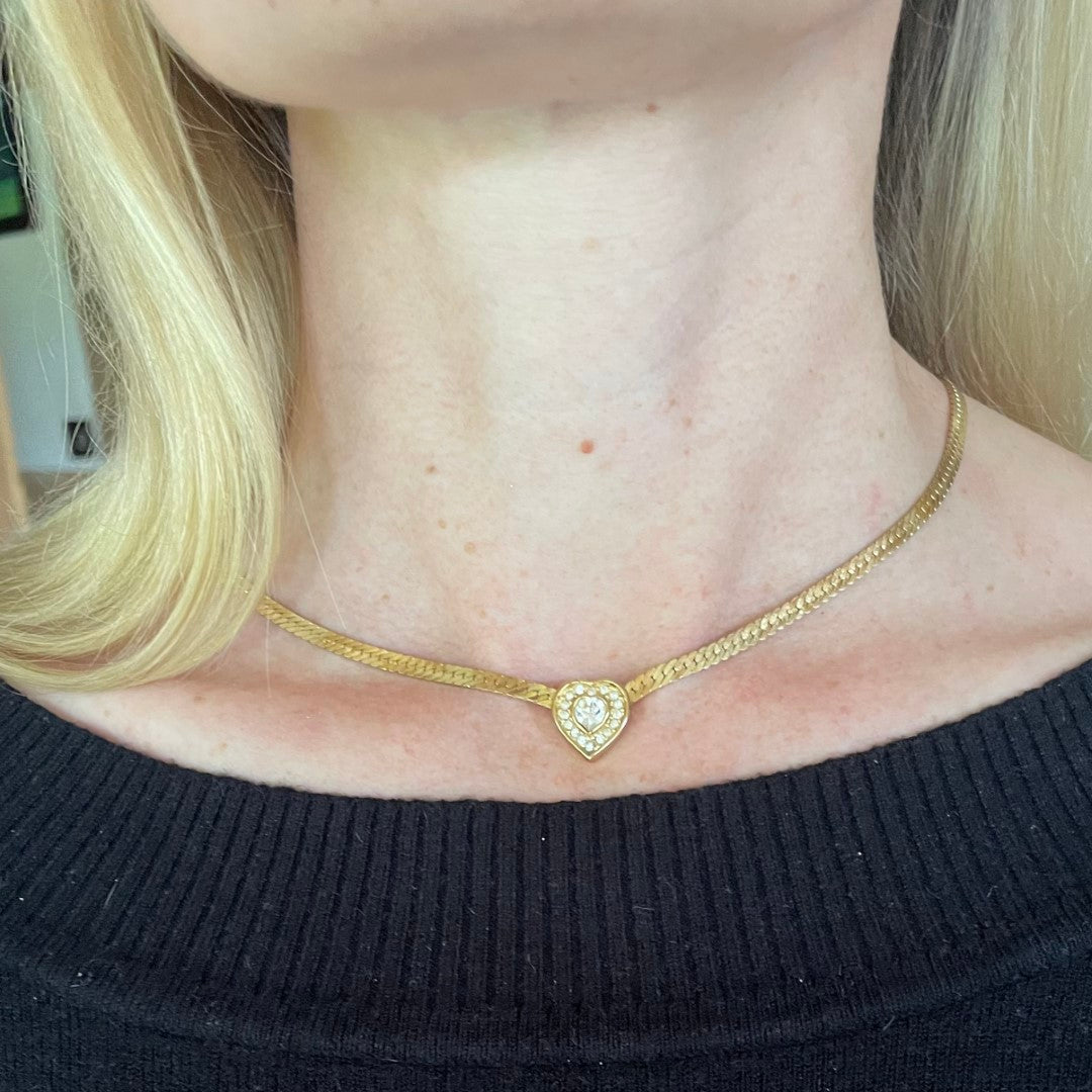 Vintage Christian Dior Heart Necklace and Clip Earrings - Gold Plated with Crystals, Original Box