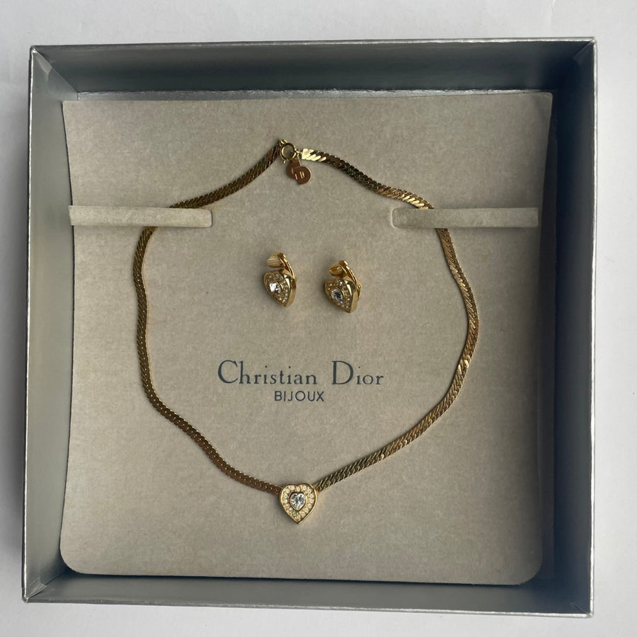 Vintage Christian Dior Heart Necklace and Clip Earrings - Gold Plated with Crystals, Original Box