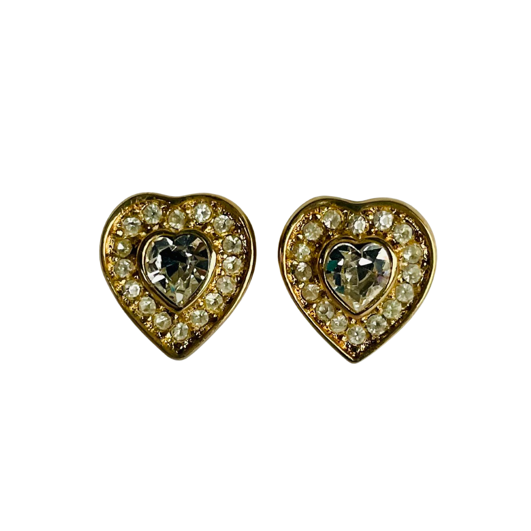 Vintage Christian Dior Heart Necklace and Clip Earrings - Gold Plated with Crystals, Original Box