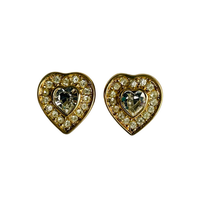 Vintage Christian Dior Heart Necklace and Clip Earrings - Gold Plated with Crystals, Original Box