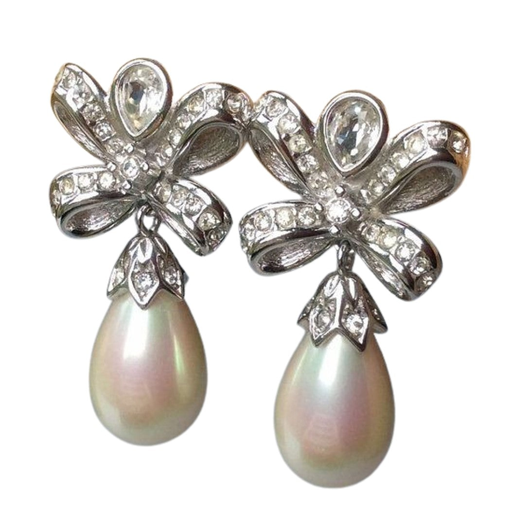 A Pair of  Vintage Christian Dior Crystal Bow Clip Earrings With Drop Faux Pearl