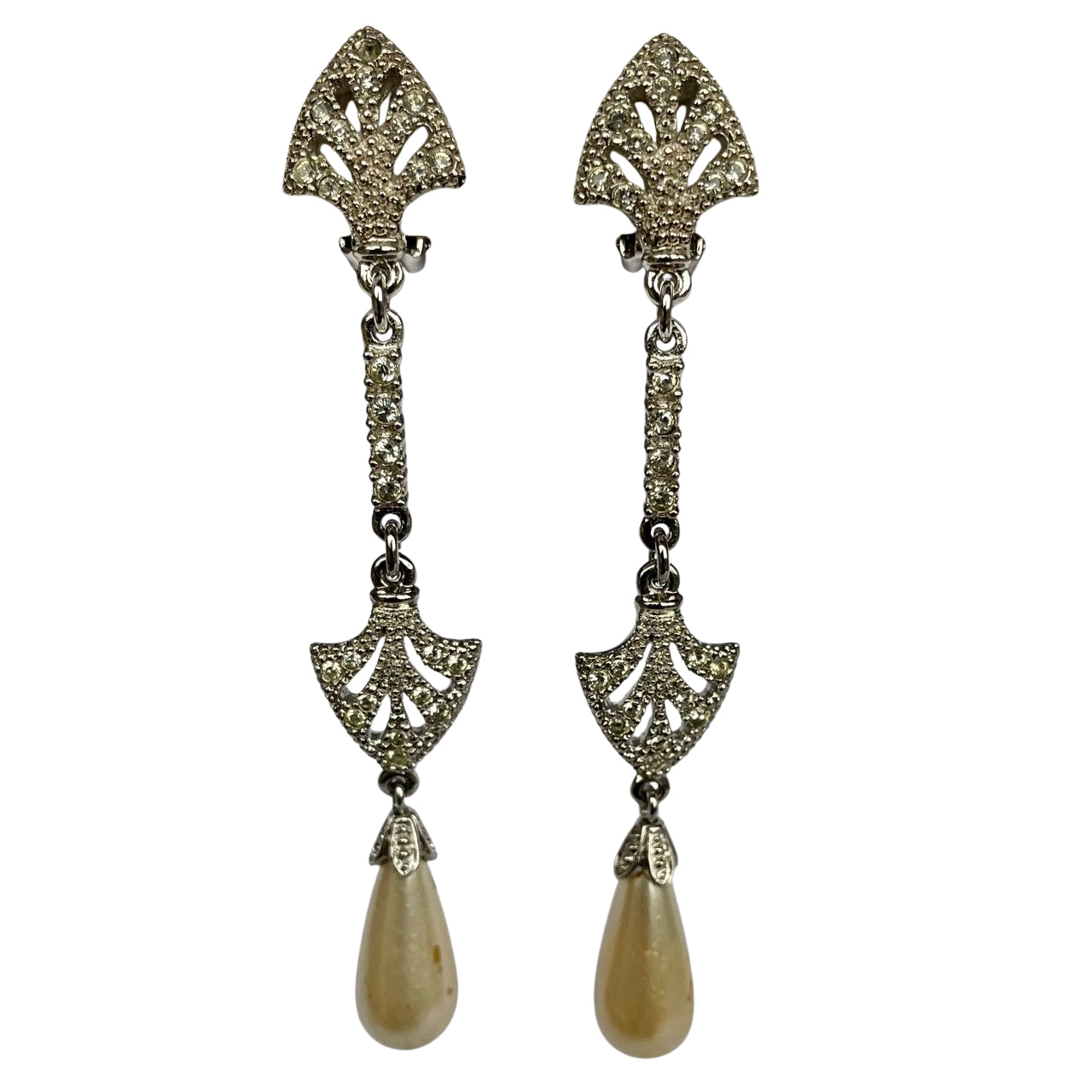 Rare Dior Galliano Era Art Deco–Style Silver-Tone Crystal and Drop Pearl Earrings