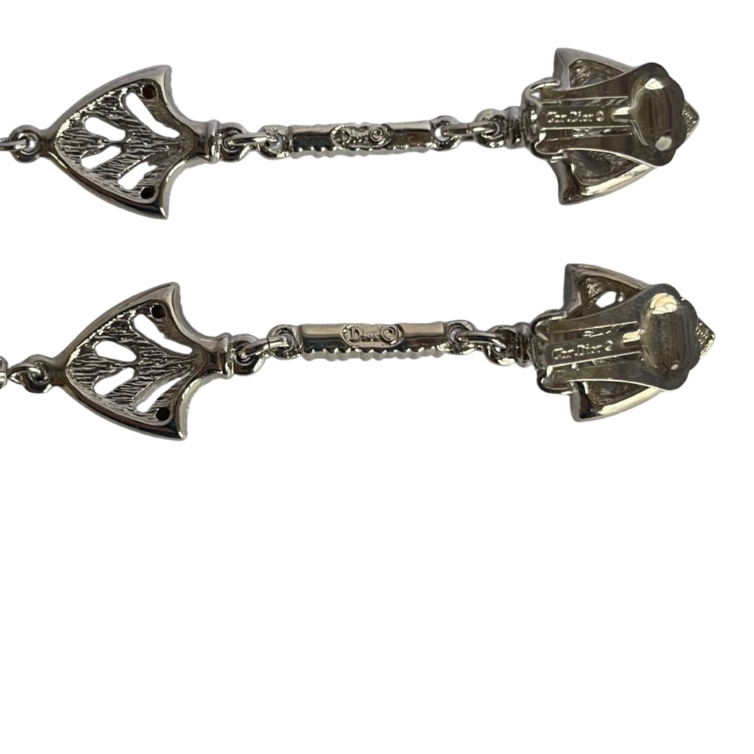 Rare Dior Galliano Era Art Deco–Style Silver-Tone Crystal and Drop Pearl Earrings