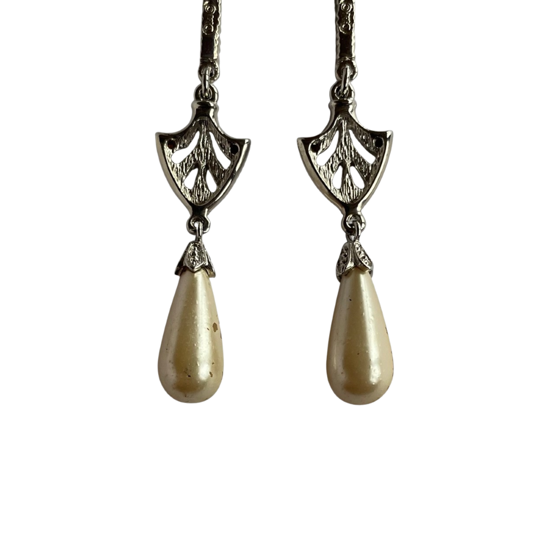 Rare Dior Galliano Era Art Deco–Style Silver-Tone Crystal and Drop Pearl Earrings