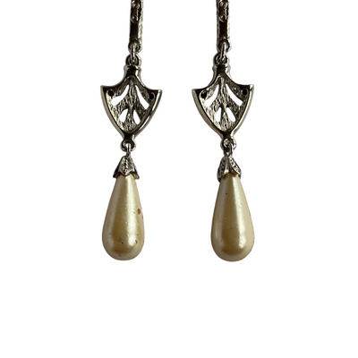 Rare Dior Galliano Era Art Deco–Style Silver-Tone Crystal and Drop Pearl Earrings