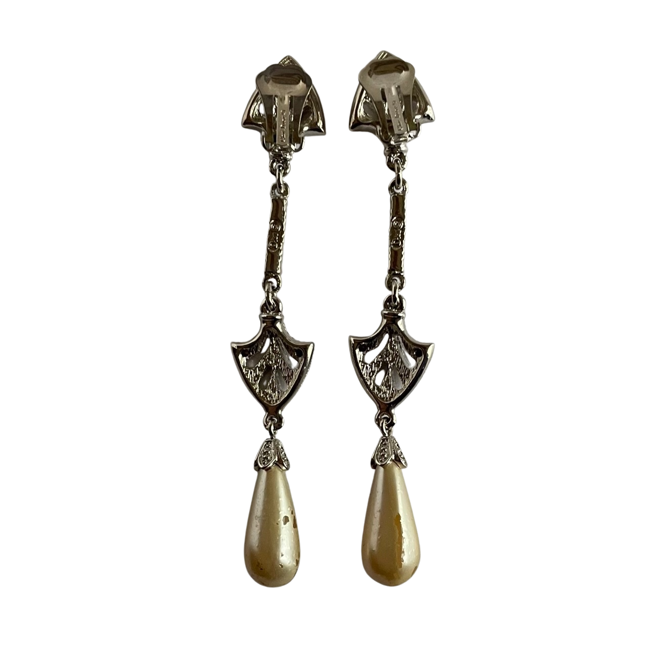 Rare Dior Galliano Era Art Deco–Style Silver-Tone Crystal and Drop Pearl Earrings