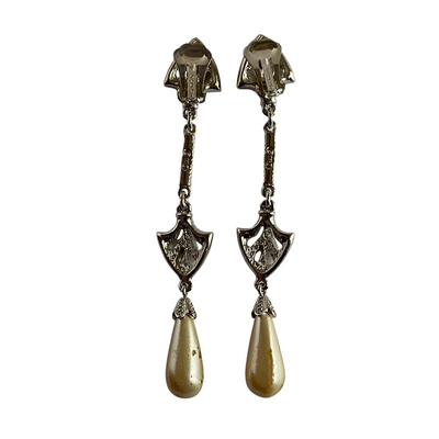 Rare Dior Galliano Era Art Deco–Style Silver-Tone Crystal and Drop Pearl Earrings