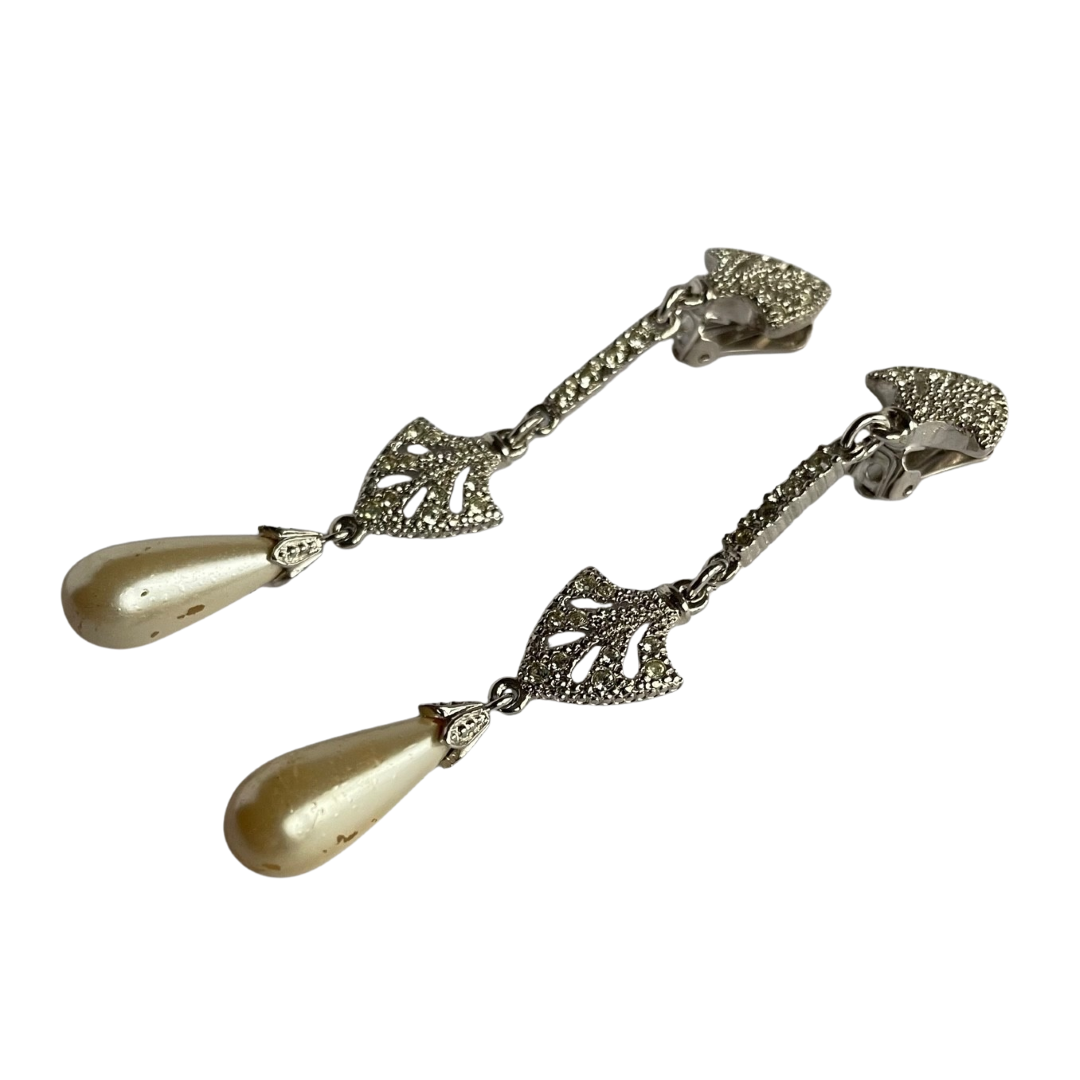 Rare Dior Galliano Era Art Deco–Style Silver-Tone Crystal and Drop Pearl Earrings