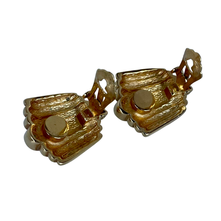 Vintage Christian Dior Fluted Gold Plated Crystal Clip Earrings