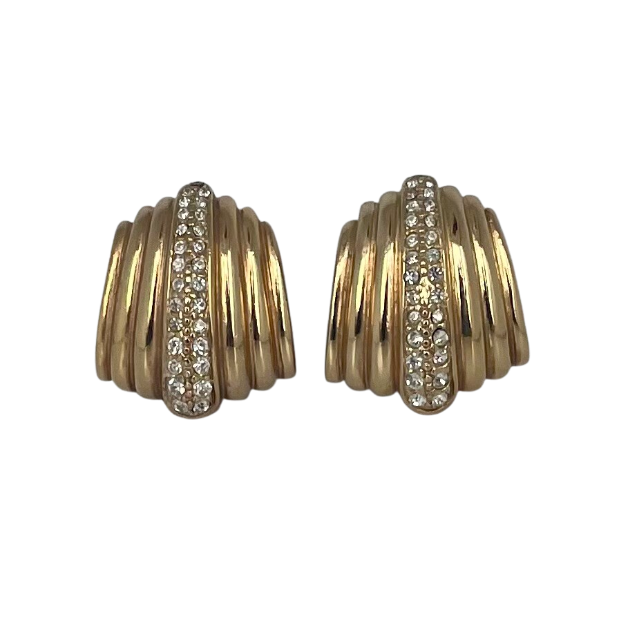 Vintage Christian Dior Fluted Gold Plated Crystal Clip Earrings