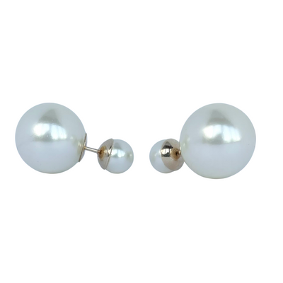 Dior Tribales stud earrings in excellent condition, featuring classic double-sided white resin pearls and gold-finish signature hardware.