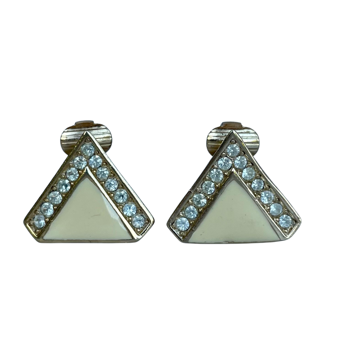 Gold-plated Art Deco style Christian Dior geometric triangle earrings with cream enamel and clear crystal accents