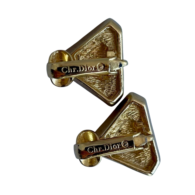 reverse of gold-plated Art Deco style Christian Dior geometric triangle earrings with cream enamel and clear crystal accents showing Chr. Dior copyright backstamp.