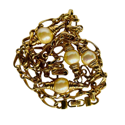 Vintage Christian Dior Long Gold-Plated Necklace with Faux Pearls
