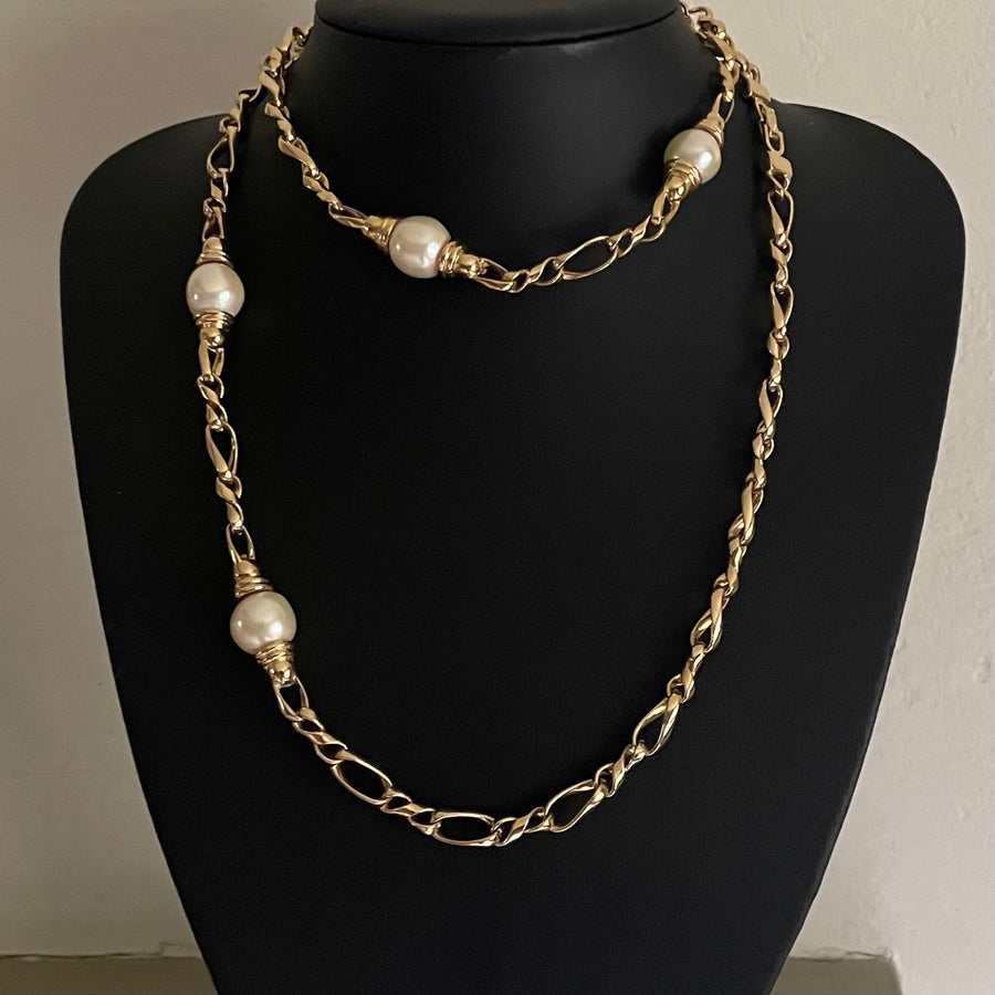 Vintage Christian Dior Long Gold-Plated Necklace with Faux Pearls