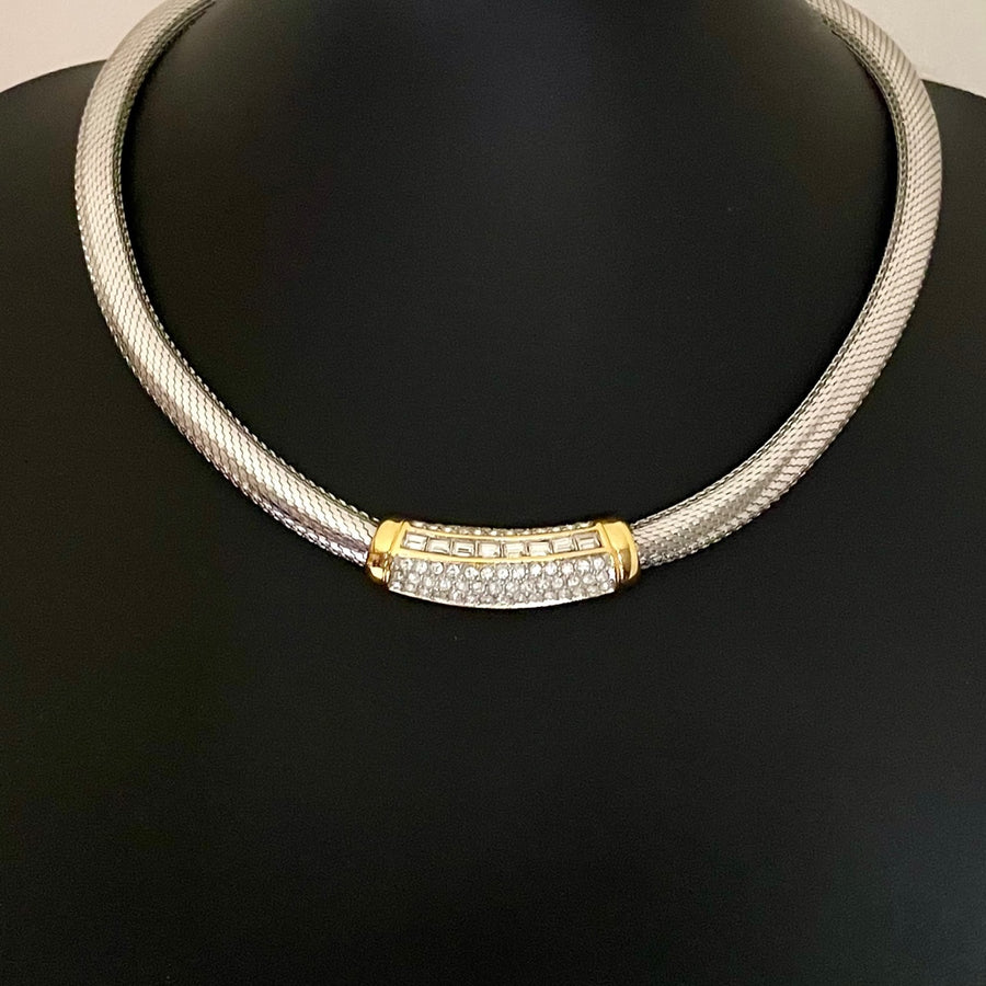 Vintage Christian Dior Collar Necklace with Gold and Crystal Centrepiece, 1980s