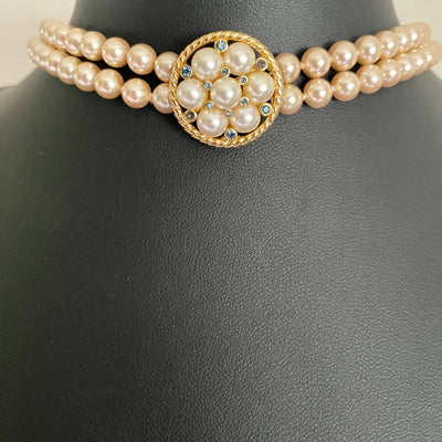 Vintage Faux Pearl Choker with Pearl and Sapphire Blue Crystal Centrepiece, 1990s
