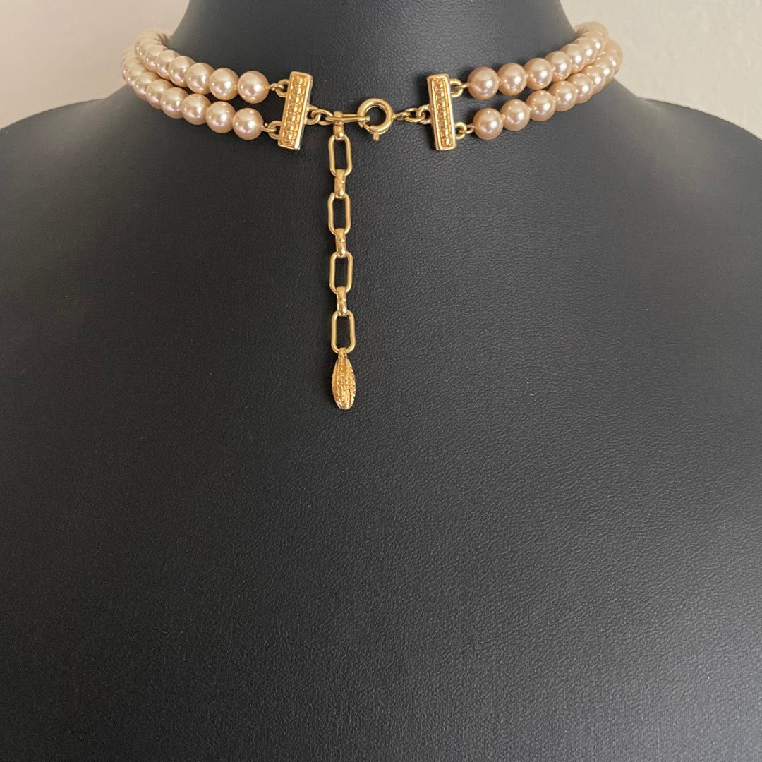 Vintage Faux Pearl Choker with Pearl and Sapphire Blue Crystal Centrepiece, 1990s