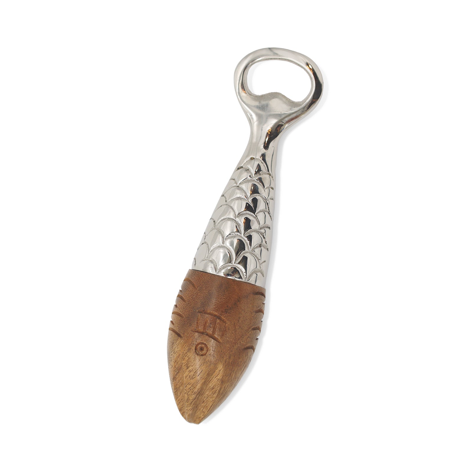 Decorative duo bottle opener with wooden reamer and metal fish design bottle opener.