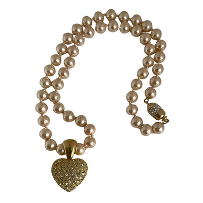 A Vintage Crystal Heart Pendant Faux Pearl Necklace