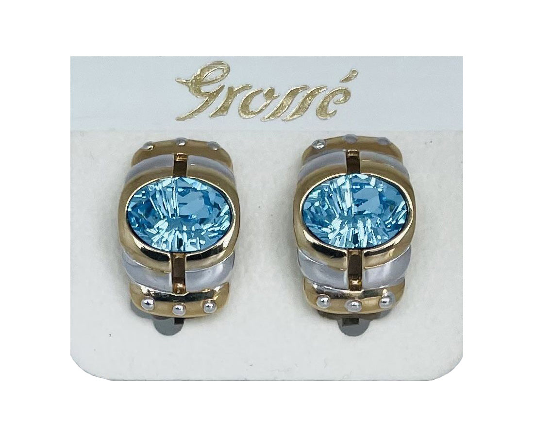 Vintage 1980s Grossé clip earrings featuring oval-cut faux aquamarine crystals, framed by gold-plated and rhodium-plated metal, displayed on original card