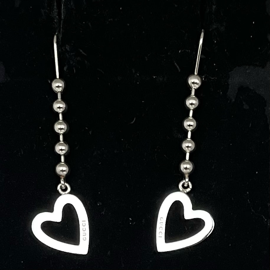 A Pair of Vintage Gucci Sterling Silver Drop Heart Earrings