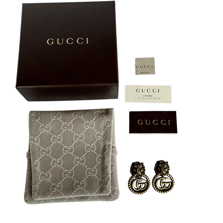 Gucci GG Marmont Lion Head Clip Earrings with Original Box and Pouch