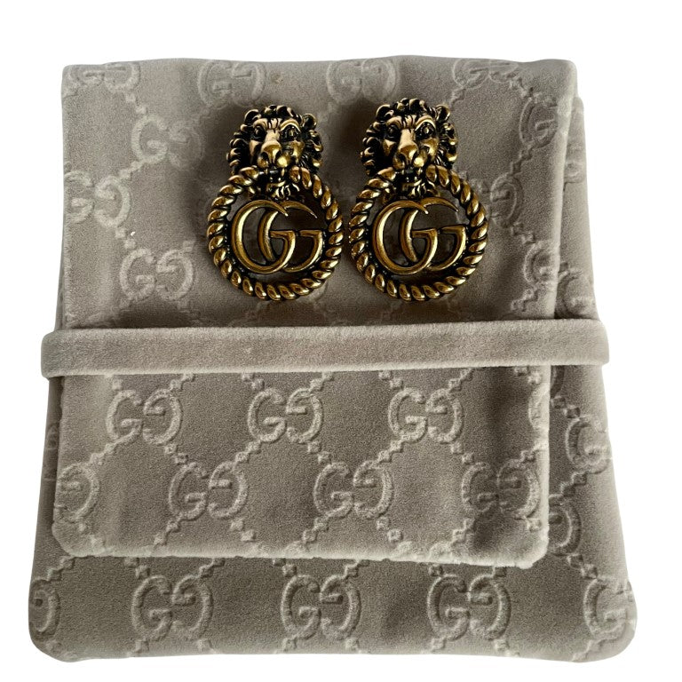 Gucci GG Marmont Lion Head Clip Earrings with Original Box and Pouch